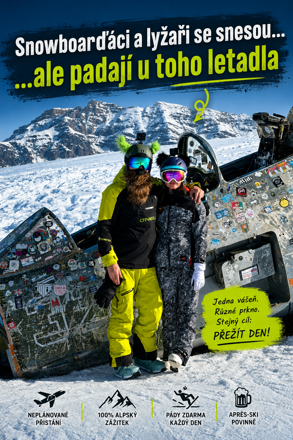 Snowboard u letadla v horách